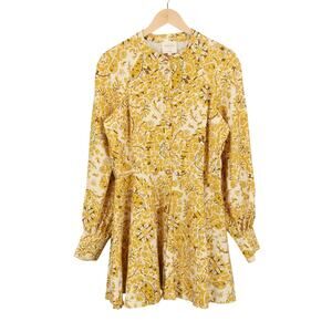 Sézane Caprice Alcazar Yellow Floral Linen Blend Boho Mini Shirt Dress Size 42